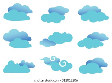 Set of nine vector illustration of fancy clouds in cyan blue with gradient effect isolated on white background.