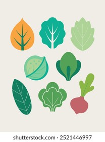 Un conjunto de nueve Ilustraciones vectoriales que representan varias verduras y hojas verdes. Estos gráficos caprichosos presentan una col, remolacha, rábano, lechuga y varias verduras de hoja verde.