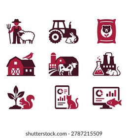 A set of nine vector illustrations featuring farm animals, a tractor, a barn, and other related icons on a white background.