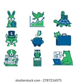 A set of nine vector illustrations featuring cartoon animals with finance and business concepts, including a rabbit with a coin, a bird flying over a graph, a turtle with coins, a fox with a top hat, a cat with a briefcase, a dog reading a newspaper, an owl with a calculator, a piggy bank with a butterfly, and a bear with a laptop.