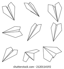 Set of nine vector illustrations of paper plane icons. Outline simple craft paper airplane isolated on white background. Icon symbol of travel and route.