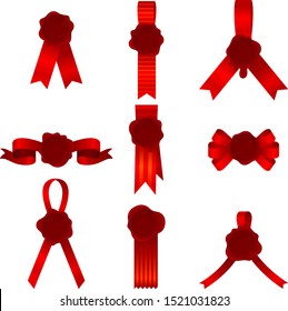Set Of Nine Vector Illustrations Of Red Bows And Ribbons With Cockades Or Rosettes Inside