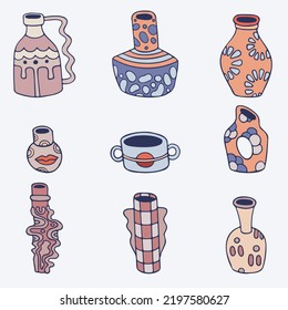 Set of nine vector illustrations. Various badges, stickers and icons with cartoon vases. Ceramic products with patterns.