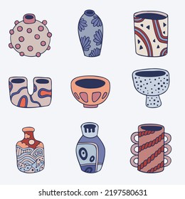 Set of nine vector illustrations. Various badges, stickers and icons with cartoon vases. Ceramic products with patterns.