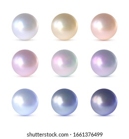 Set of nine vector iridescent realistic pearls of different color with shadow isolated on the white background. 3d nacre balls.