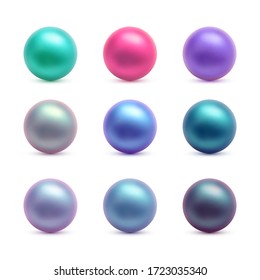 Set of nine vector iridescent realistic pearls of different color isolated on white background. 3d nacre balls.