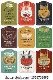 Set of nine vector labels for craft beer and brewery with handwritten inscriptions, hop cones, spikelets and image of brewery production and brewing equipment in retro style