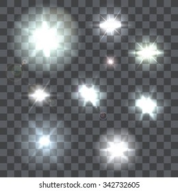 Set of nine vector lens flares beams and flashes on transparent background