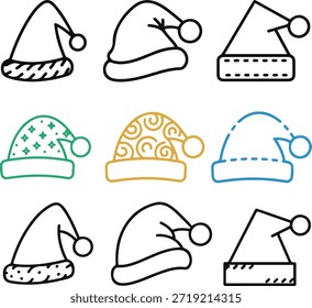 Conjunto de nueve iconos de sombrero de Navidades de arte de línea de Vector dispuestos en una cuadrícula. La colección presenta una mezcla de contornos en blanco y negro y variaciones coloridas en verde, naranja y azul, mostrando diferentes patrones como estrellas, remolinos y rayas en un diseño minimalista.