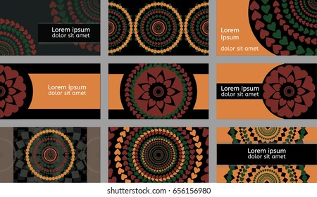 Set of nine vector mandala business cards or client, discount or bonus cards. Oriental floral composition in turquoise, brown, orange, black. Geometric vintage ornament, Asian exotic design templates