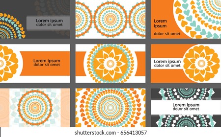 Set of nine vector mandala business cards or client, discount or bonus cards. Oriental floral composition in turquoise, blue, pink, and white. Geometric vintage ornament, Asian exotic design templates