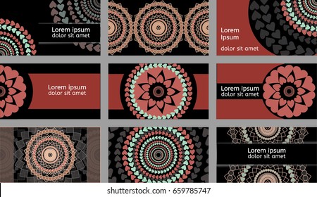 Set of nine vector mandala business cards or client, discount or bonus cards. Oriental floral composition in turquoise, blue, pink, and white. Geometric vintage ornament, Asian exotic design templates
