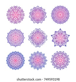 Set of nine vector mandalas with pink and violet gradient.