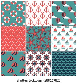 set of nine  vector marine seamless patterns