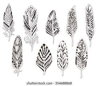 set of nine vector monochrome decorative feathers with ethnic motives