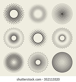 Set Nine Vector Radial Gradient Halftone Sunburst Circle Shape Stippling Abstract Design Elements