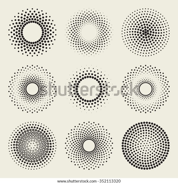 Set of Nine Vector\
Radial Gradient Halftone Sunburst Circle Shape Stippling Abstract\
Design Elements