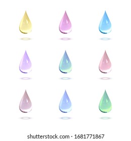 Conjunto de nueve gotas de vidrio realistas vectoriales de diferente color con sombra aislada en el fondo blanco. 3d elementos iridiscentes.