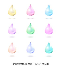 Satz von neun realistischen Vektorgrafik-Glasstropfen unterschiedlicher Farbe einzeln auf weißem Hintergrund. 3d Irideszierende Elemente.