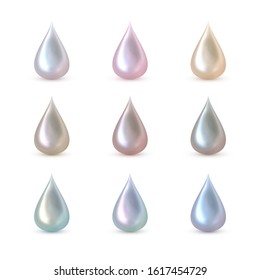 Set of nine vector realistic pearl drops of different color with shadow isolated on the white background. 3d liquid jewelry illustrations.