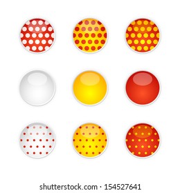 Set of nine vector round buttons in red, yellow and white with dotted pattern and also basic without any pattern./Dotted buttons/Dotted buttons.