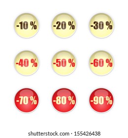 Set of nine vector round buttons in light yellow, red and brown with sales from -10 % to -90 %./Sales buttons