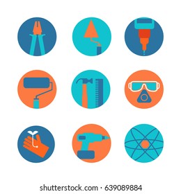 Set of nine vector round decorative icons with mining mechanism including spectacles, hammer and others working tools isolated vector illustration