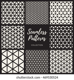 Set of Nine Vector Seamless Black And White Triangle Lines Grig Pattern Collection. Abstract Background Design