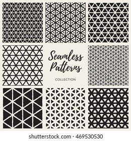 Set of Nine Vector Seamless Black And White Hand Drawn Triangle Lines Grig Pattern Collection. Abstract Background Design