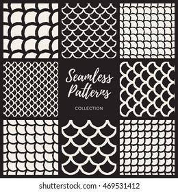 Set of Nine Vector Seamless Black And White Triangle Lines Grid Pattern Collection. Abstract Background Design