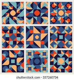 Set of Nine Vector Seamless Blue Orange White Color Retro Geometric Ethnic Square Quilt Pattern Collection Abstract Background