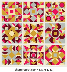 Set of Nine Vector Seamless Blue Pink Yellow White Colors Retro Geometric Ethnic Square Quilt Pattern Collection Abstract Background