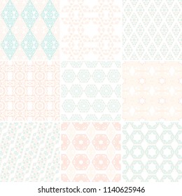Set of nine vector seamless geometrical patterns. Vintage textures. Decorative background for cards, invitations, web design. Retro digital paper. 