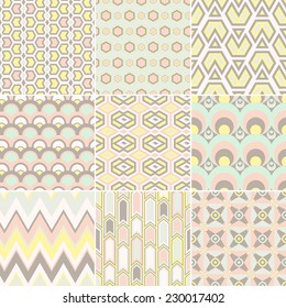 Set of nine vector seamless geometrical patterns. Vintage textures. Decorative background for cards, invitations, web design. Retro digital paper. 