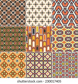 Set of nine vector seamless geometrical patterns. Vintage textures. Decorative background for cards, invitations, web design. Retro digital paper. 
