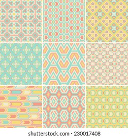 Set of nine vector seamless geometrical patterns. Vintage textures. Decorative background for cards, invitations, web design. Retro digital paper. 