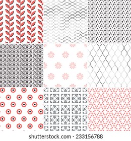 Set of nine vector seamless geometrical patterns. Vintage textures. Decorative background for cards, invitations, web design. Retro digital paper. 
