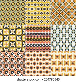 Set of nine vector seamless geometrical patterns. Vintage textures. Decorative background for cards, invitations, web design. Retro digital paper. 
