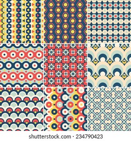 Set of nine vector seamless geometrical patterns. Vintage textures. Decorative background for cards, invitations, web design. Retro digital paper. 