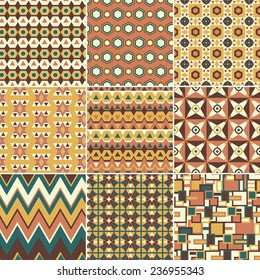 Set of nine vector seamless geometrical patterns. Vintage textures. Decorative background for cards, invitations, web design. Retro digital paper. 