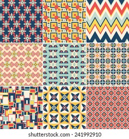 Set of nine vector seamless geometrical patterns. Vintage textures. Decorative background for cards, invitations, web design. Retro digital paper. 