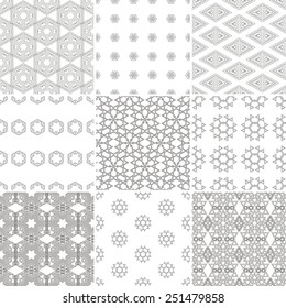 Set of nine vector seamless geometrical patterns. Vintage textures. Decorative background for cards, invitations, web design. Retro digital paper. 