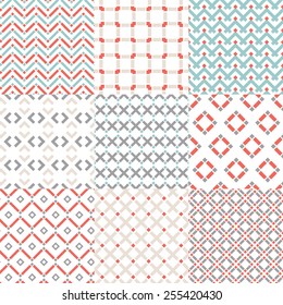 Set of nine vector seamless geometrical patterns. Vintage textures. Decorative background for cards, invitations, web design. Retro digital paper. 