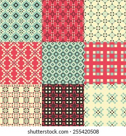 Set of nine vector seamless geometrical patterns. Vintage textures. Decorative background for cards, invitations, web design. Retro digital paper. 