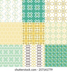 Set of nine vector seamless geometrical patterns. Vintage textures. Decorative background for cards, invitations, web design. Retro digital paper. 