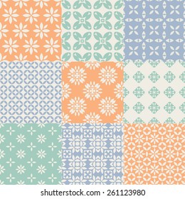 Set of nine vector seamless geometrical patterns. Vintage textures. Decorative background for cards, invitations, web design. Retro digital paper. 