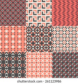 Set of nine vector seamless geometrical patterns. Vintage textures. Decorative background for cards, invitations, web design. Retro digital paper. 