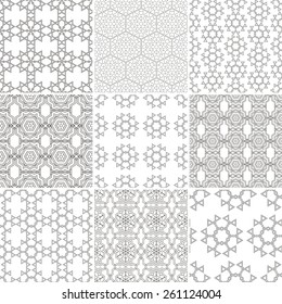 Set of nine vector seamless geometrical patterns. Vintage textures. Decorative background for cards, invitations, web design. Retro digital paper. 