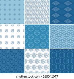 Set of nine vector seamless geometrical patterns. Vintage textures. Decorative background for cards, invitations, web design. Retro digital paper. 