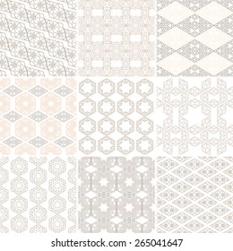 Conjunto de nueve patrones geométricos sin costuras de Vector. Texturas de Antiguas. Fondo decorativo para tarjetas, invitaciones, Diseño web. Papel digital retro. 